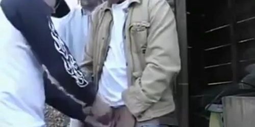 Daddy gets a public handjob Group jerk outside